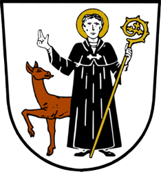 Wappen von Eltersdorf. Es Zeigt den heiligen Egidius, der sich 
               schützend vor eine Hirschkuh stellt.